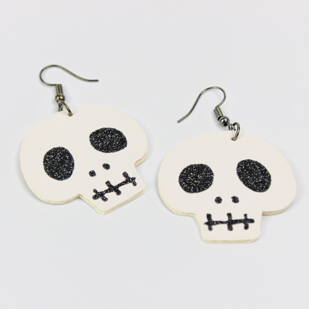 White with Black Glitter Skull | Earrings | Dangle